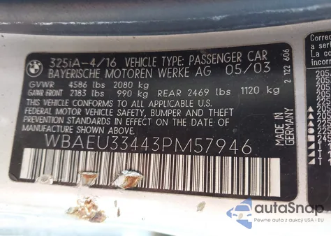 2003 BMW 325Xi z USA, uszkodzony, nr VIN WBAEU33443PM57946